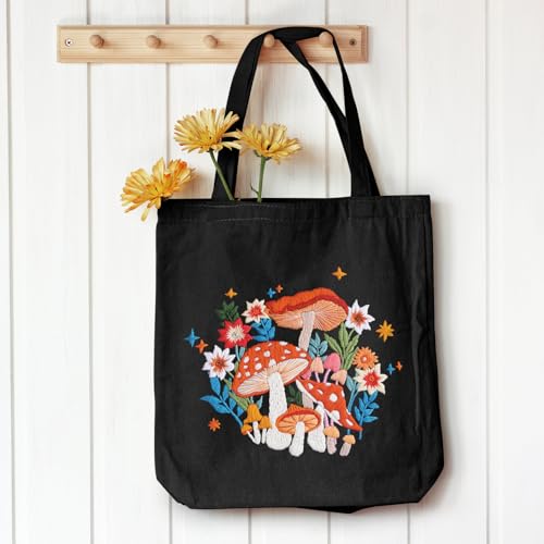 Louise Maelys Embroidery Kit Canvas Tote Bag with Mushroom Floral Pattern - color: mushroom art