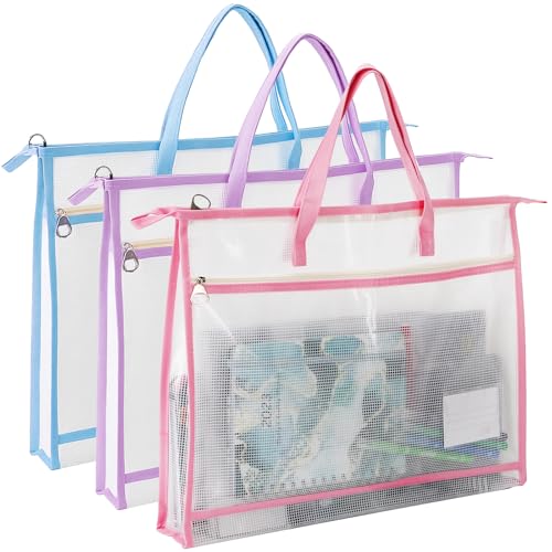 Hedume 3 Pcs A3 Project Bags, Clear Mesh Sewing Bag with Zipper, Handle & Pockets, Clear Mesh Design Art Supply Bag Artwork Storage Organize for Artworks, Charts and Teaching Material Multipurpose