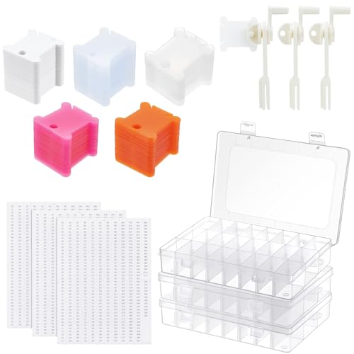 TWINKLEMON 509PCS Embroidery Floss Organizer Kit 3 Removable 24 Compartments with 500 Floss Bobbins and 3 Numbered Stickers 3 Bobbin Winder Cross Stitch Thread Organizer for Craft DIY Sewing Storage