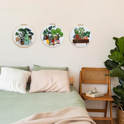 LB 3 Pack Green Plant Leaf Embroidery Kit for Beginners Succulent Cactus Beginner Embroidery Kit for Adults DIY Starter Kit with Embroidery Hoop Colorful Threads Tools - color: Black