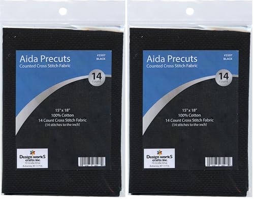 Design Works Crafts 14 Count Pre-Cut Aida Fabric, Black (Pack of 2) - size: Pack of 2