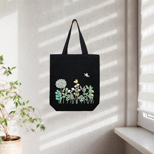 Canvas Tote Bag Embroidery Kit, Embroidery Kit for Beginners Adults, Embroidery Starter kit with Flower Pattern, Canvas Bag Cross Stitch Kits, Cross Stitch Kit with Hoops, Color Threads and Tool - color: Black Green
