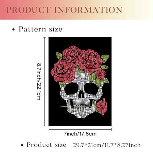 1 Pc Rose Skull Rhinestone Iron on Hotfix Transfer Decal, Bling DIY Patch Clothing Repair Applique T-Shirt Vest Shoes Hat Jacket Decor Clothing DIY Accessories - style: Rose Skull