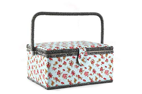 Sewing Basket with Blue Pink Rose Floral Design - Sewing Kit Storage Box with Removable Tray, Built-in Pin Cushion and Interior Pocket - by Adolfo Design - color: Blue Rose, size: Large - 12" x 9" x 6"