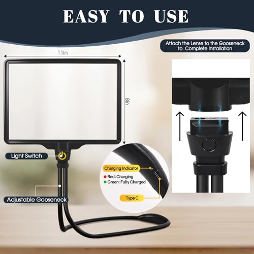 Large Magnifying Glass with Light Hands Free, Rechargeable Page Magnifier