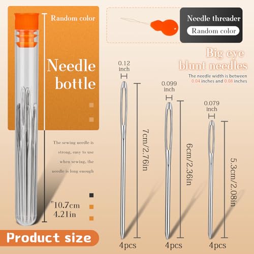 TLKKUE 12 Pcs/3 Sizes Large-Eye Blunt Needles, Steel Yarn Needle with Needle Threader, Tapestry Needle for Sewing Crochet Knitting Embroidery (Silver 2.08in/2.36in/2.76in) (Pack of 2) - color: Silver, size: 3 sizes/12 pcs (Pack of 2)