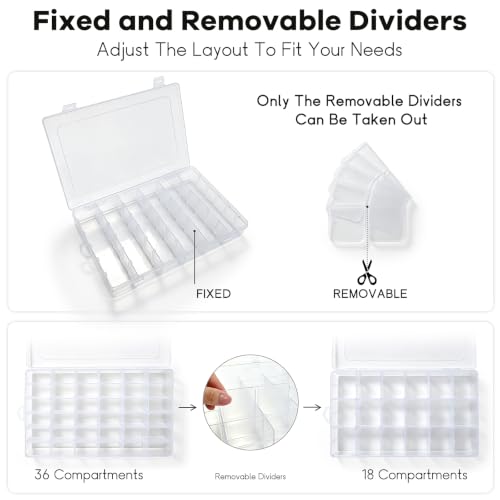2 Pack 36-Grid Adjustable Organizer Box, Clear Storage for Beads & Jewelry - size: 2 Pack