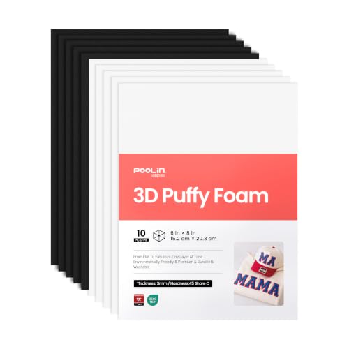 Poolin 3D Puff Embroidery Foam 3mm, 6x8 Inch, 10 Sheets, Black & White - color: 6"X8"(5 White+5 Black)