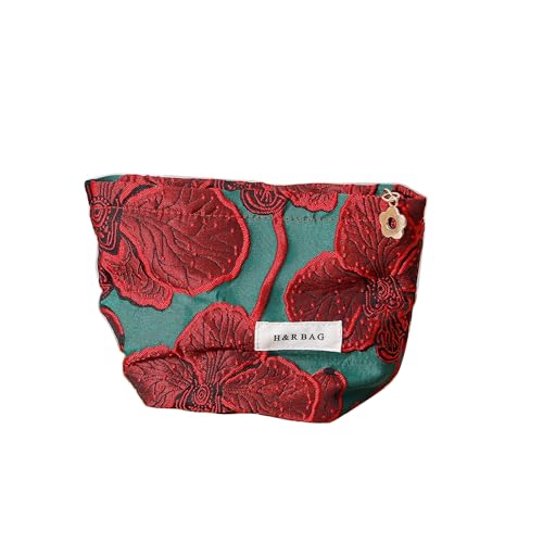RANIT Retro Red Jacquard Cosmetic Bag - Durable Canvas Luxury Handheld Travel Toiletry Storage Bag Small - color: Red, size: Small
