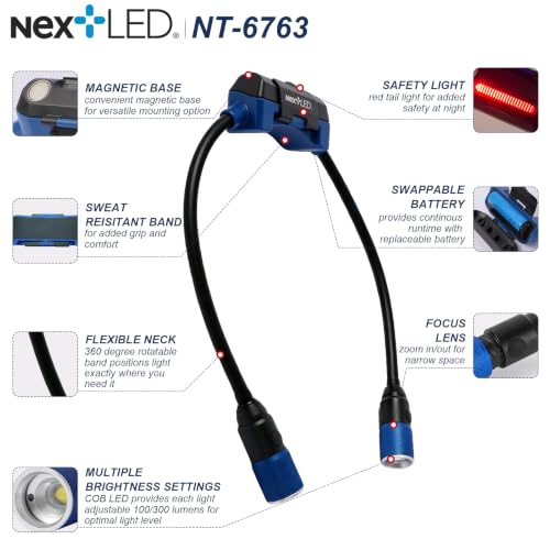 NextLED NT-6763 Rechargeable Neck Light, 500 Lumens Mechanic Neck Light with Adjustable Spot/Flood Beams, Flexible Arms, Magnetic Mounts, Replaceable Battery, Wearable Flashlight for Work & Repair