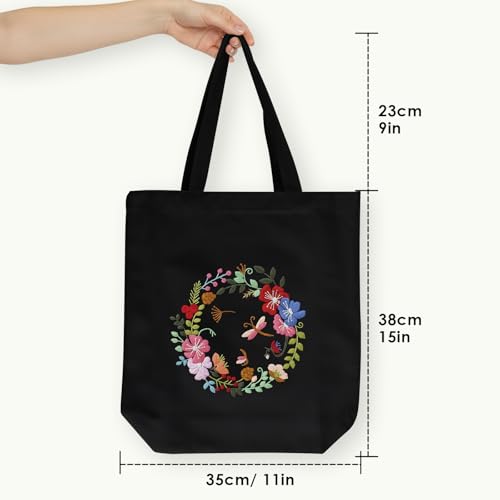 ERKOON Canvas Tote Bag Embroidery Kit for Beginners, Floral Arts Crafts Cross Stitch Kits for Adults Including Stamped Embroidery Bag with Hoops, Needle, Instruction and Color Threads(Wreath) - color: Wreath