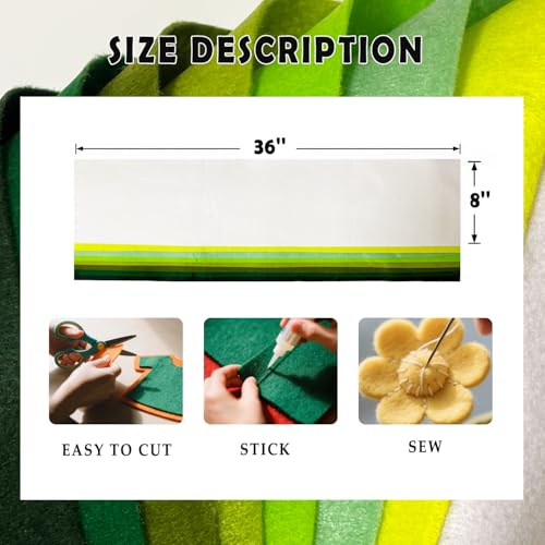 Green 8 Assorted Soft Felt Sheets Fabric, Each 8'' x 36'' 1.6mm Thick - color: Green Series