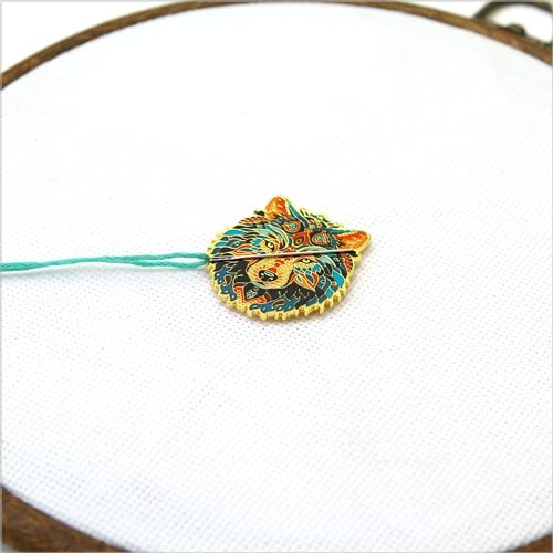 Awesome Pattern Studio Needle Minder Set - Mandala Wolf Magnetic Needle Minder + 2 Needle Threaders. Enamel Pin for Cross Stitch, Embroidery and Craft