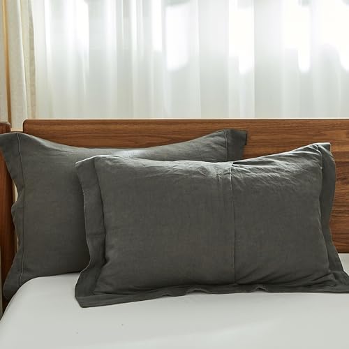 Simple&Opulence 100% French Linen Pillowcases with Embroidery – Pack of 2, Washed Solid Color Natural Flax, Soft & Breathable - Dark Grey, 20'' x 26'' - color: Dark Grey, size: Queen