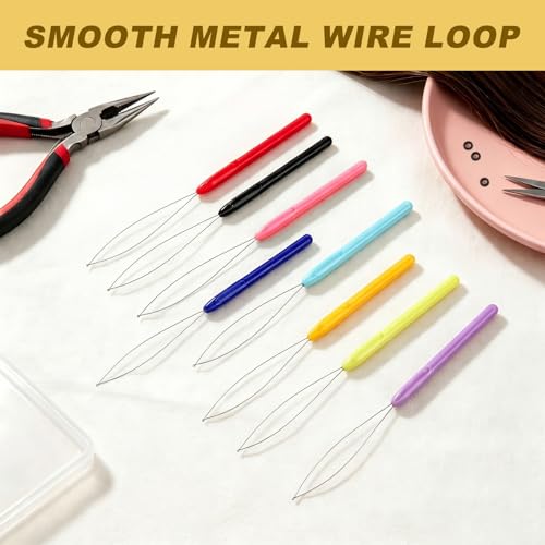 16pcs Hair Extension Loop Needle Threader - 8 Color Plastic Threader Tool for Embroidery, Craft, Quilting, Knitting, Feather Extensions, DIY Craft, Micro Rings, Tufting Gun, Braiding Tools
