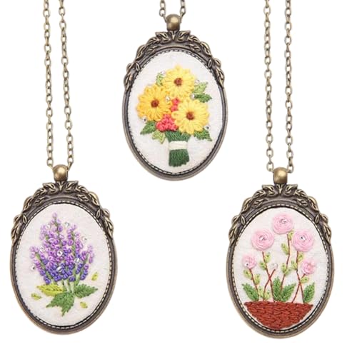 SUNNYCLUE DIY 3 Sets Embroidery Necklace Kits Embroidery Pendant with Paper Instructions Embroidery Cloth Thread Needle Cross Stitch Hoop Flower Mini Cross Stitch Kit for Beginners Starter Adult Craft - style: Flower 3