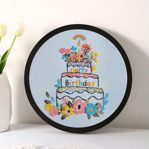 Esffaci Embroidery Starter Kit for Adult Beginner with Birthday Cake Candle Flower Pattern Hand Embroidery Set with Cloth Hoop Needle Threader Floss and Instruction - color: Birthday Cake