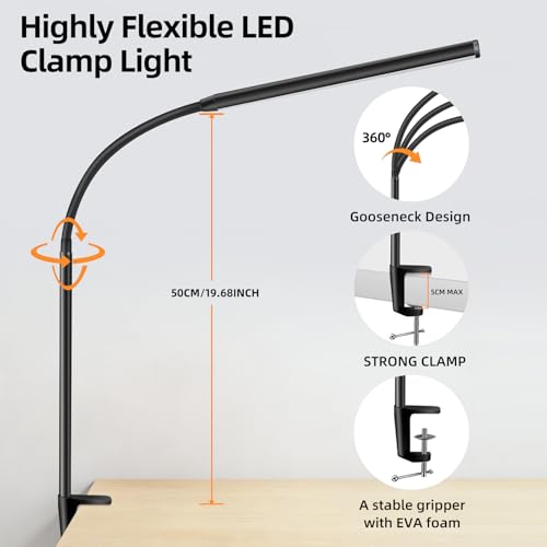 Clip on Desk Lamp with Clamp,Dimmable Eye Caring Book Reading Light for Bed