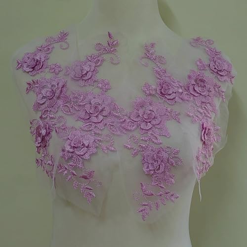 2 Pair 29 * 13cm Red/Pink/Purple/Sky Blue Wedding Dress Lace Shirt Accessories Embroidery Lace Garment Design DIY Accessories (Pink) - color: Pink