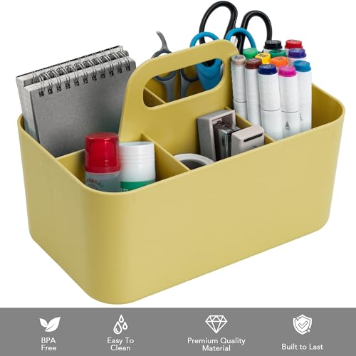 Tiawudi Multipurpose Caddy Organizer, Plastic Caddy with Handle, Stackable Desk Organizer for Stationery, Marker and Pencil, Office Supplies Organizer, Dorm Caddy - color: Mustard, size: Rectangle