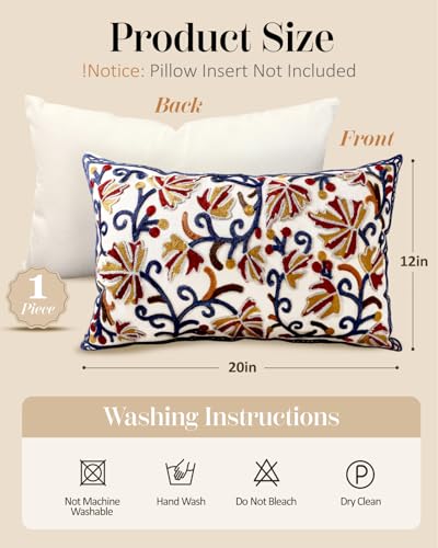 Embroidered Throw Pillow Cover, 20x12 Inch, Fall Floral - color: Fall Flower, size: 20" x 12" (Pack of 1)
