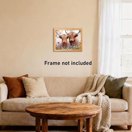 RLTXBUK Western Highland Cow Cross Stitch Kits, Rustic Cottagecore Wildflower Western Cattle Stamped Counted Cross Stitch Kits for Adults, Highland Cow Gifts for Women, 11.8x15.8 Inch