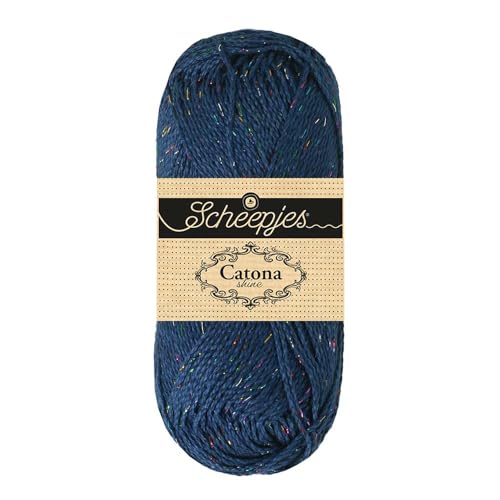 Scheepjes Catona Shine Yarn 50g – 527-R Midnight Rainbow, Cotton & Metal - color: 527-R Midnight - Rainbow