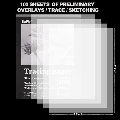 SuFly Tracing Paper Pad 8.5"x 11", Transparent Vellum Paper_100 Sheets_38Lb - color: Clear, size: 8.5 in. x 11 in. (1 Pack)