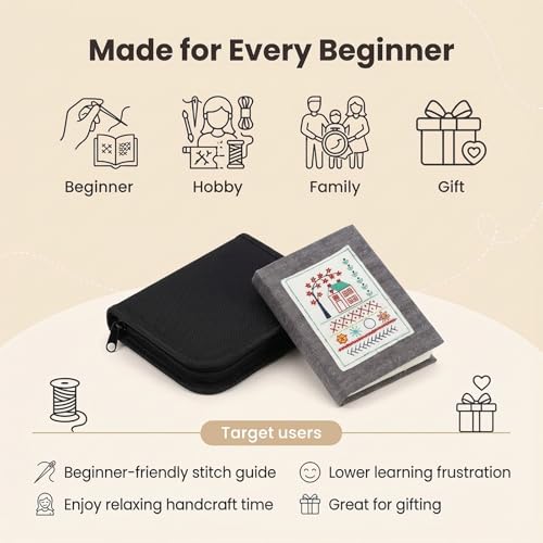 Kranla Embroidery Stitch Book Kit DIY, All in One Sewing kit, All Scenario Sampler for Beginners, Embroidery Practice Pattern with 106 Stitches Sewing Set, Portable Cross Stitch Book