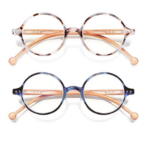 Round Reading Glasses for Women Men Blue Light Blocking Circular Readers Unisex Ultra Lightweight Circle Eyeglasses - color: Wood-grey Tortoise+blue Tortoise