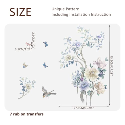 Floral Rub on Transfer for Furniture Wood Glass DIY - color: Spring Blue Penoy