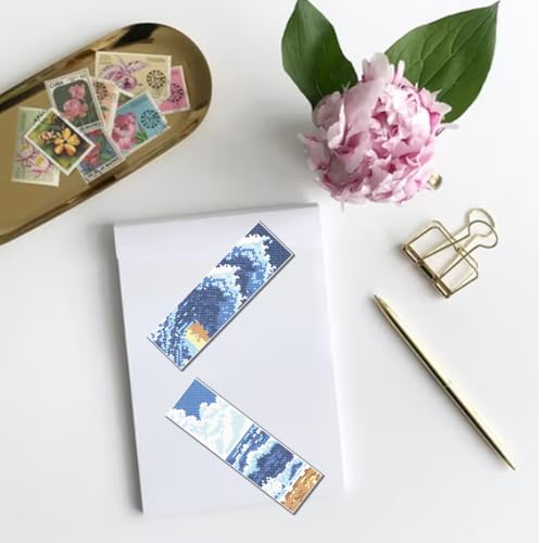 FREEBLOSS 6 Set Cross Stitch Bookmark Kit Cross Stitch Kit Sea Wave Stamped Embroidery Bookmark with Instruction Landscape Cross Stitch Kits for Adults DIY Bookmark Kit 8.66''x3.15'' - style: Waves