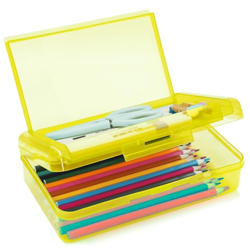 Double Layer Plastic Clear Hard Colored Pencil Box Case Pen Crayon Box - color: Yellow