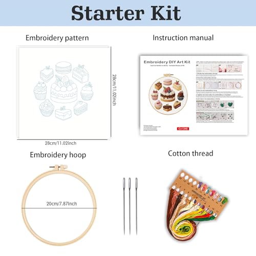 spicssa Embroidery Kit for Beginners, Hand Needlepoint Kits for Adults with Pre-Stamped Patterns, 7.8-Inch Hoop, Threads & Needles, Step by Step Instructions - color: Cake B