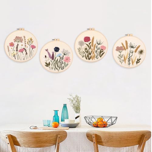 Embroidery Kit for Adults, 3 Sets Cross Stitch Kits for Beginners with Flower Pattern, Starter Kits for Hand Craft Lover with Embroidery Hoop, Instructions and Threads (Flower2+Flower3+Flower4) - color: Flower2+Flower3+Flower4