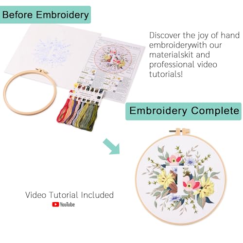 Harimau Letter Pattern T Embroidery Kit for Adult Beginners, Complete Starter Pack with 1 Hoop, Needles, Instruction Guide & Embroidery Stitch Video Tutorials - color: T