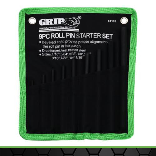 Grip 9 pc Gunsmithing Roll Pin Starter Punch Set - Sizes Include: 1/16”, 5/64”, 3/32”, 1/8”, 5/32”, 3/16”, 7/32”, 1/4”, 5/16” - Roll Up Storage Pouch - Heat Treated Steel