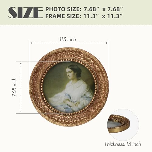 Antique Gold 8x8 Round Picture Frame – Vintage Frame with Glass Front – Art Deco Wall Display - color: 8x8 inch (Round)