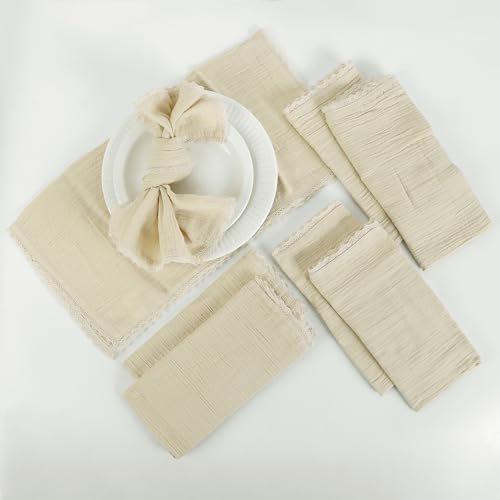 FINGERCRAFT Lace Cloth Napkins, Cotton Gauze, Set of 4, 20x20 Inch,Beige - color: Beige Gauze, size: 20" x 20" (Set of 4)