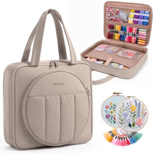 MYBAGZING Embroidery Bag Organizer,Cross Stitch Project Bag w/Hoop Storage - color: Greige