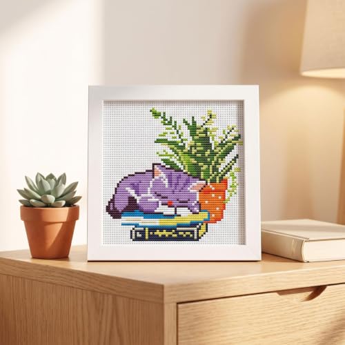 Sleepy Cat Greenery Stamped Cross Stitch Kits for Beginners with Framed - color: DKJ033