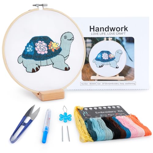 Embroidery Kit for Adult Beginners, Turtle & Flower Embroidery Kit with Step-by-Step Instructions and Video,Printed Cloth,7.87" Hoop, Display Stand,Color Threads and Tools for Craft Lover(BED004) - color: Blue turtle