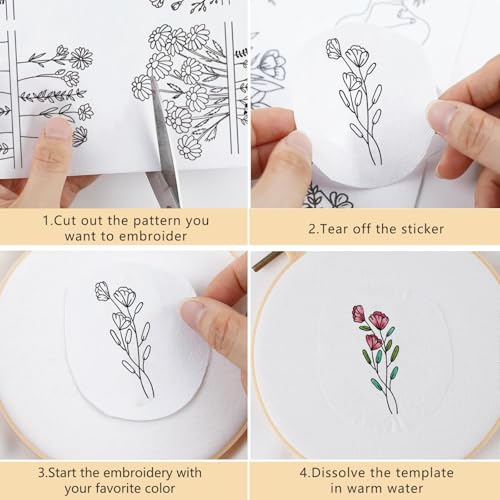 Floral Water Soluble Embroidery Patterns, 4 Sheets Stick and Stitch Embroidery Papers Wash Away, Pre-Printed Flower Pattern Transfer Paper Stabilizers for Hand Sewing Lovers Beginners - size: Flower D