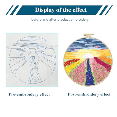 Zhenqing Flower Field Embroidery Kit for Beginners, Romantic Sunset Landscape Needlework Kit with Pre-Printed Fabric, Hoop, Threads & Tools (S-CX0314) - color: Romantic Flower Field