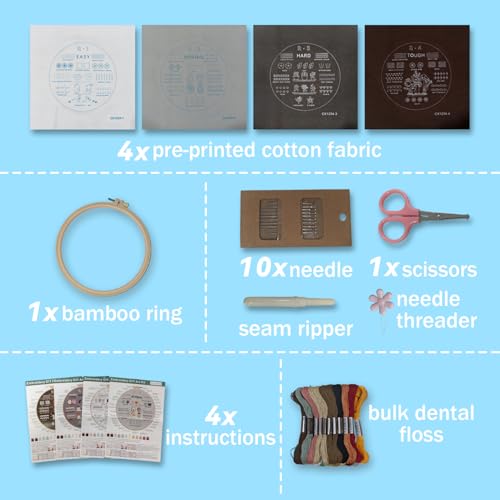 Emmanoth 5-Pack Beginner Embroidery Kit, Pre-Stamped Floral Patterns with Step-by-Step Embroidery Book HD Video, Adjustable Hoop, Colorfast Threads, 10 Needles & Tools, DIY Craft Gift for Adults Teens