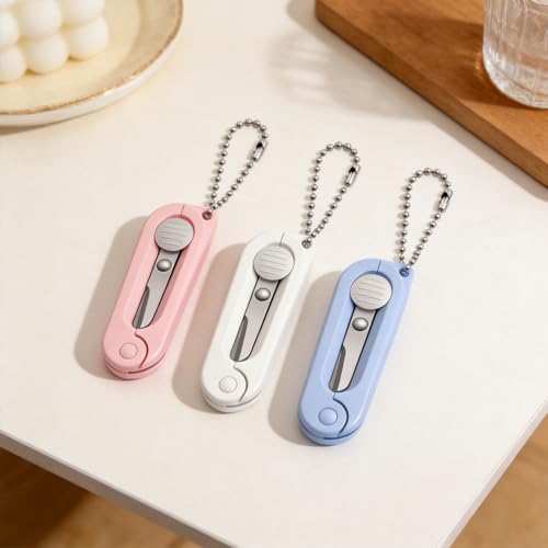 3 Pcs Keychain Scissors Mini Folding Scissors Portable Travel Pocket Scissor for Badge Reel, Scrapbook, Crafts, Pink, White, Blue