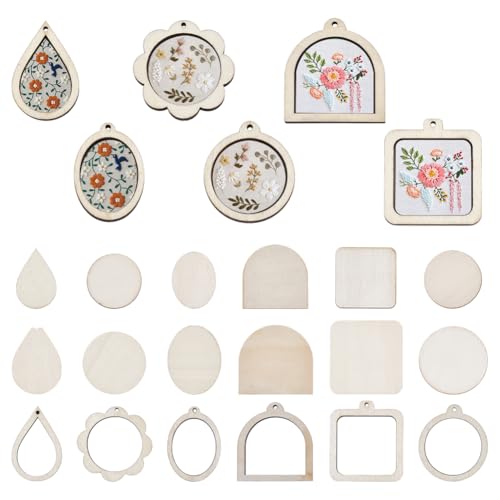 FINGERINSPIRE 12PCS Wood Mini Embroidery Hoops 6 Styles Blanched Almond Wooden Small Embroidery Hoops Wood Mini Cross Stitch Ring Frame for DIY Pendants Ornaments Crafts Jewelry Making