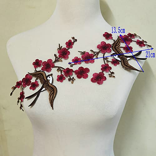 1pair Quince Sakura Flower Embroidery Iron On Applique Patches (Dark Red H) - color: Dark Red H
