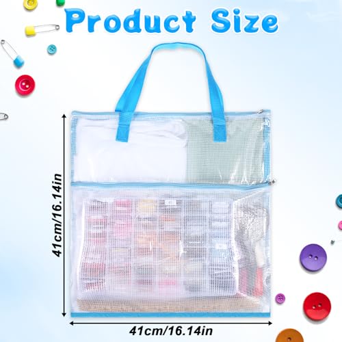 Portable Project Bags 16 x 16 Inch Craft Bag Organizer Tote with Handles Needlepoint Project Bag with Zipper and Double Pockets Transparent Mesh Zipper Pouch for Quilters Knitting Stitching Craft