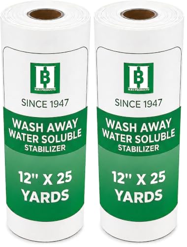 H.B.I. Wash Away Water Soluble Stabilizer for Embroidery Roll, Stabilizer for Embroidery Machines, 12" x 25 Yards, 1.5 oz, Backing for Machine & Hand Embroidery. (Pack of 2) - size: 12" x 25 Yds (Pack of 2)